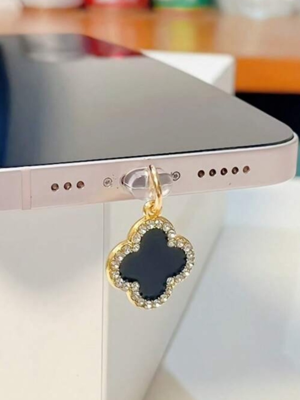 Gold-Trim Black Clover Phone Dust Plug Charm